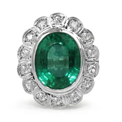 Platinum Art Deco Old Cut Diamond and Emerald Cluster Ring