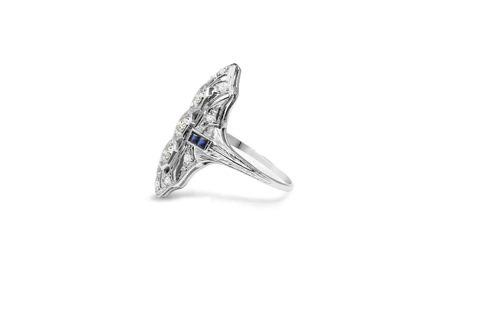 Platinum Art Deco Old Cut Diamond and Sapphire Ring