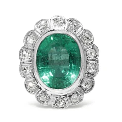 Platinum Art Deco Old Cut Diamond and Emerald Cluster Ring