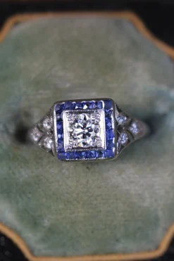 Platinum Art Deco Old Cut Diamond and Sapphire Ring