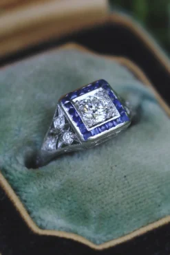 Platinum Art Deco Old Cut Diamond and Sapphire Ring