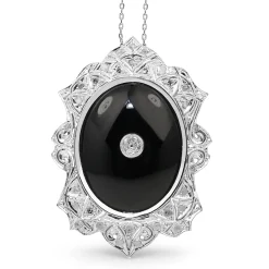 Platinum Art Deco Onyx and Old Cut Diamond Necklace / Brooch