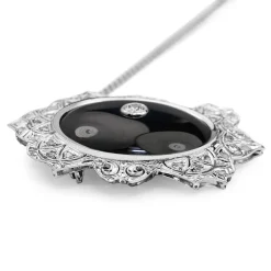 Platinum Art Deco Onyx and Old Cut Diamond Necklace / Brooch