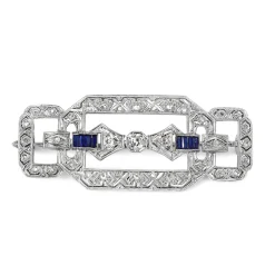 Platinum Art Deco Sapphire and Old + Rose Cut Diamond Brooch