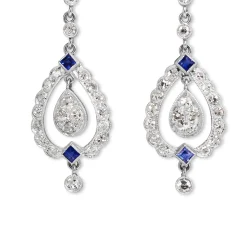 Platinum Art Deco Sapphire and Diamond Drop Earrings