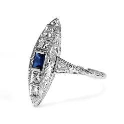 Platinum Art Deco Sapphire and Diamond Etched Shield Shaped Ring