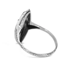 Platinum Art Deco Sapphire and Diamond Etched Shield Shaped Ring