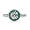 Platinum Art Deco Style Emerald and Diamond Halo Ring
