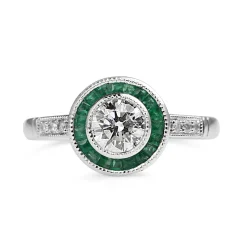 Platinum Art Deco Style Emerald and Diamond Halo Ring