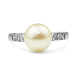 Platinum Cultured Pearl and Single Cut Diamond Ring