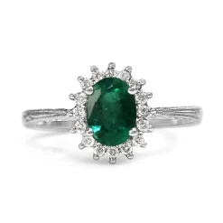 Platinum Emerald and Diamond Halo Ring