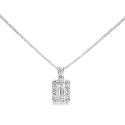 Platinum Emerald and Round Cut Diamond Halo Necklace