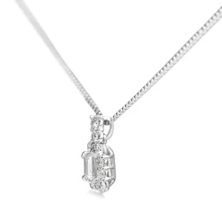Platinum Emerald and Round Cut Diamond Halo Necklace