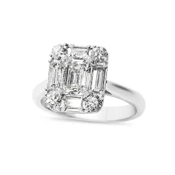 Platinum Emerald, Baguette and Brilliant Cut Diamond Deco Style Halo Ring
