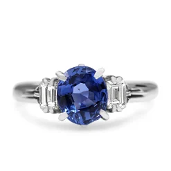 Platinum Estate Sapphire and Baguette Diamond Ring