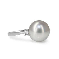 Platinum 12.7mm South Sea Pearl and Baguette Diamond Ring