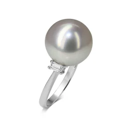 Platinum 12.7mm South Sea Pearl and Baguette Diamond Ring