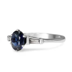 Platinum Oval Sapphire and Baguette Diamond 3 Stone Ring