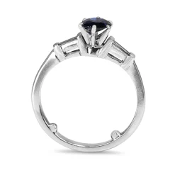 Platinum Oval Sapphire and Baguette Diamond 3 Stone Ring
