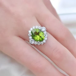 Platinum Peridot and Diamond Cluster Ring