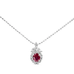 Platinum Ruby and Diamond Halo Necklace
