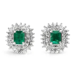Platinum Vintage Emerald and Diamond Double Halo Stud Earrings