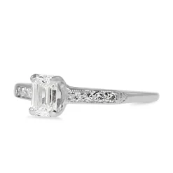 Platinum Vintage Emerald and Single Cut Diamond Ring