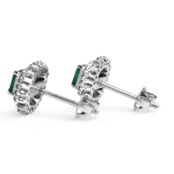 Platinum Vintage Emerald and Diamond Double Halo Stud Earrings